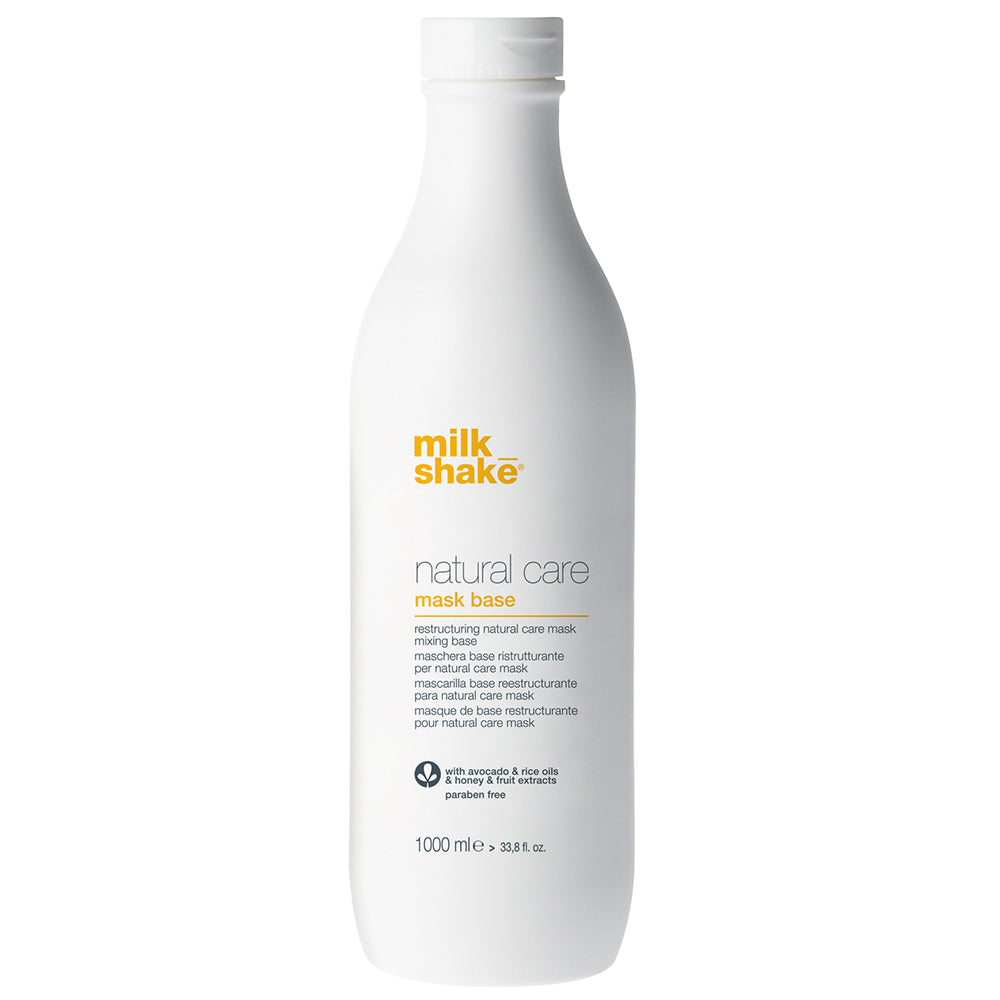 milk-shake-natural-care-mask-base milk_shake natural care mask base Use restructuring milk_shake natural care mask base with natural care milk, yogurt, cocoa and papaya powder compounds to create four different creamy, soft and nourishing masks with a pleasant, sweet milk fragrance. The mask base contains avocado and rice oil, honey and fruit extracts, specific hydrating agents, vitamin E and Integrity 41® that protects hair color from free radicals and fading. The mask base formula acts on the inner and outer layers of the hair, binding wi